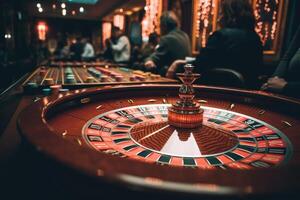 roulette roue, dans le milieu de le table sur le casino tableau. génératif ai photo