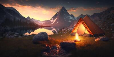 le touristique camping tente est sur montagnes à le coucher du soleil temps avec ai généré. photo