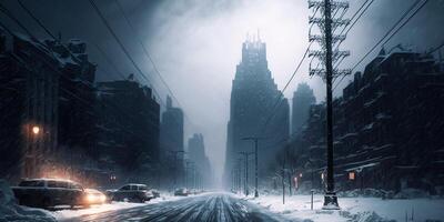 le congelé ville dans hiver avec ai généré. photo