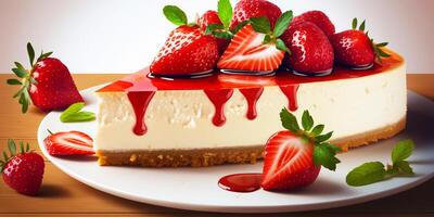 le fraise cheesecake sur le blanc plat avec ai généré. photo