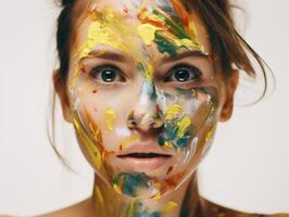 une femme des peintures sa visage établi avec ai généré photo