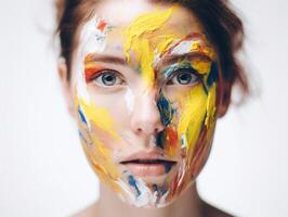 une femme des peintures sa visage établi avec ai généré photo