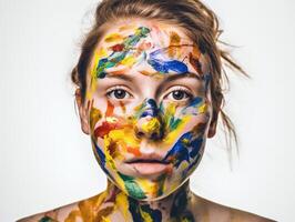 une femme des peintures sa visage établi avec ai généré photo