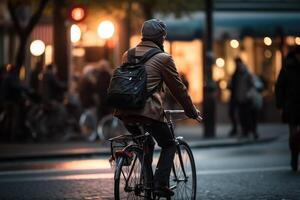 photo de une la personne équitation une bicyclette dans le ville foule en dessous de le lumières à nuit dans le ville, et parmi le foules de personnes. génératif ai.