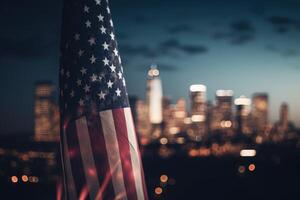 photo de américain drapeau dans de face de bokeh effet de paysage urbain dans Contexte. génératif ai