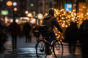 photo de une la personne équitation une bicyclette dans le ville foule en dessous de le lumières à nuit dans le ville, et parmi le foules de personnes. génératif ai.