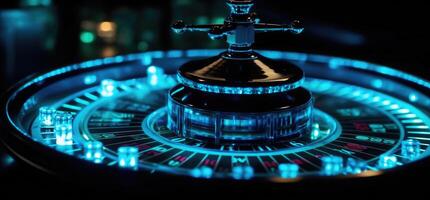 roulette roue avec bleu Contexte et lumières, casino photo. génératif ai photo
