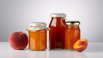 pêche confiture avec mûr les pêches pots sur blanc Contexte avec génératif ai photo