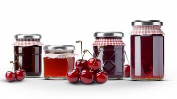 Cerise confiture avec juteux cerises pots sur blanc Contexte avec génératif ai photo