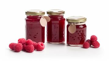 framboise confiture et juteux framboises fruit pots sur blanc Contexte avec génératif ai photo