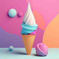 la glace crème cône avec géométrique objets dans été concept dans tendance Couleur palette pour La publicité avec génératif ai photo