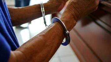 homme menotté les mains. prisonnier ou arrêté. photo