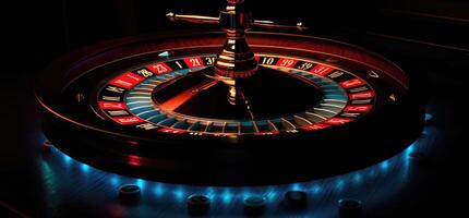 roulette roue avec bleu Contexte et lumières, casino photo. génératif ai photo