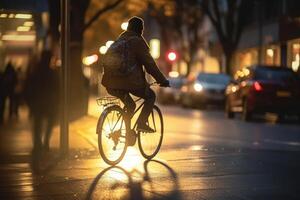 photo de une la personne équitation une bicyclette dans le ville foule en dessous de le lumières à nuit dans le ville, et parmi le foules de personnes. génératif ai.