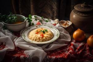 une bol Risotto sur le table ai produire photo