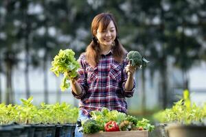 une agricultrice asiatique porte le plateau en bois rempli de légumes biologiques fraîchement cueillis dans son jardin pour la saison des récoltes et un concept d'alimentation saine photo