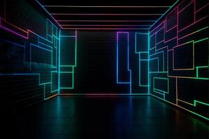 une foncé pièce avec néon lumières et une brique mur, néon mur Contexte photo