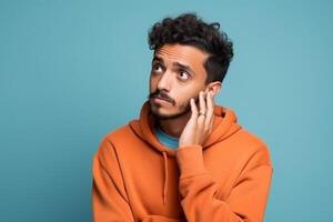 ai génératif une homme sur solide Couleur Contexte séance photo avec surprise faciale expression