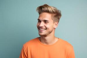 ai génératif une homme sur solide Couleur Contexte avec une sourire faciale expression photo