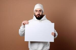 ai génératif une homme détient une Vide blanc signe planche maquette dans le sien main photo