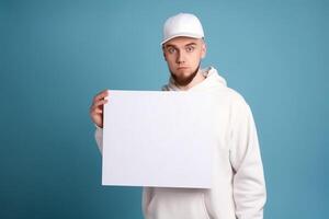 ai génératif une homme détient une Vide blanc signe planche maquette dans le sien main photo