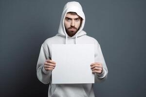 ai génératif une homme détient une Vide blanc signe planche maquette dans le sien main photo