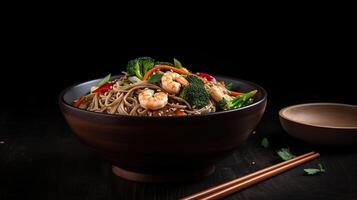 remuer frire nouilles avec des légumes et du boeuf dans noir bol, génératif ai photo