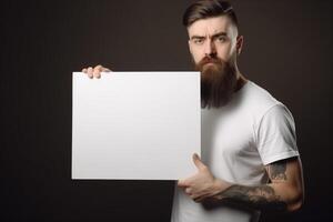 ai génératif une homme détient une Vide blanc signe planche maquette dans le sien main photo