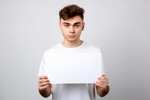 ai génératif une homme détient une Vide blanc signe planche maquette dans le sien main photo