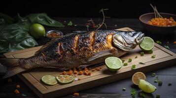 asiatique recette - fait maison grillé poisson - en bonne santé Fruit de mer concept, génératif ai photo