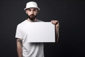 ai génératif une homme détient une Vide blanc signe planche maquette dans le sien main photo