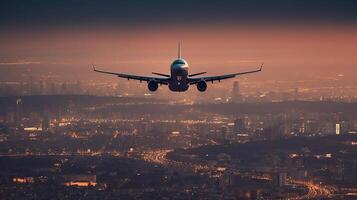 avion en volant au dessus tropical mer à incroyable coucher de soleil, génératif ai photo