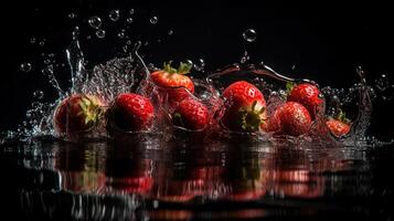 des fraises glissement par l'eau avec une bien éclaboussure et une noir arrière-plan, génératif ai photo
