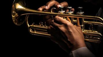 trompette instrument. la musique joueur trompette le jazz jouant. laiton instrument cornet mains, génératif ai photo