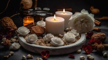 sérénité sur une tapis, création une paisible ambiance avec blanc des pierres, séché fleurs, bougies, cannelle, et huile, génératif ai photo