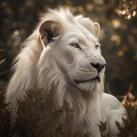 proche en haut de une blanc Lion dans ses Naturel habitat Contexte. animal Royaume concept photo