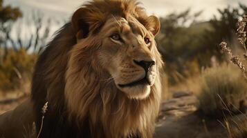 proche en haut de une Lion dans ses Naturel habitat Contexte. animal Royaume concept photo