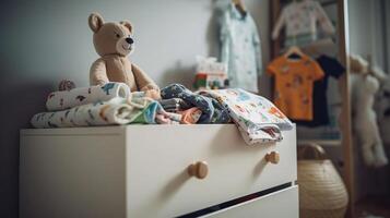 bébé vêtements et hochet sur en bois poitrine de tiroirs dans enfants chambre, génératif ai photo