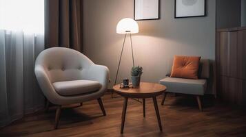 intérieur de moderne pièce avec fauteuil et table près lumière mur, génératif ai photo