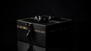 noir Vendredi vente, luxe cadeau boîte sur noir arrière-plan, génératif ai photo