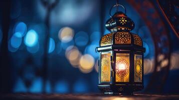 Ramadan kareem - lune et arabe lanterne avec abstrait défocalisé lumières - eid ul fitri, eid ul un d Ha, génératif ai photo