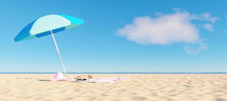 Parasol, chapeau, lunettes de soleil et sac sur la plage, rendu 3d photo
