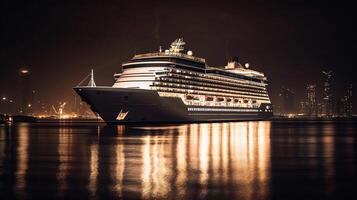 grand navire - gros moderne croisière doublure dans le nuit, génératif ai photo