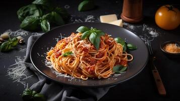 savoureux appétissant classique italien spaghetti Pâtes avec tomate sauce, fromage Parmesan et basilic sur plaque, génératif ai photo