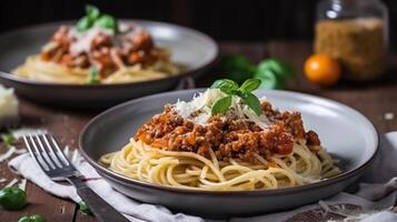 spaghetti bolognaise avec basilic sur Haut et fromage et l'eau sur le côté séance sur une rouge serviette de table et blanc en bois surface, génératif ai photo