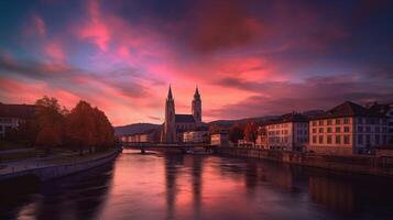 paysage urbain image de Zurich avec coloré ciel, pendant spectaculaire coucher de soleil, génératif ai photo