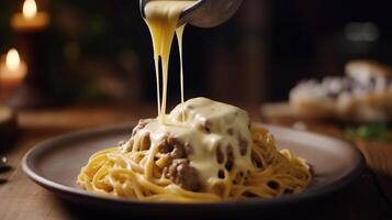 verser savoureux fromage sauce sur spaghetti avec Viande sur en bois tableau, génératif ai photo