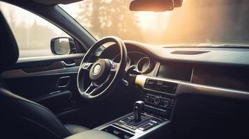 vue de le intérieur de une moderne voiture montrant le tableau de bord, génératif ai photo