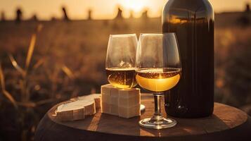 bouteille et verres à vin sur baril dans vignoble à coucher de soleil, génératif ai photo
