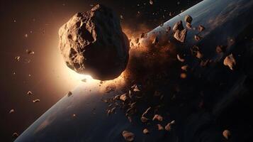 météore impact sur Terre - mis à la porte astéroïde dans collision avec planète - contenir 3d le rendu - éléments de cette image meublé par nasa, génératif ai photo